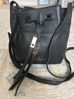 kate spade Black Pebbled Leather Drawstring Bucket Crossbody